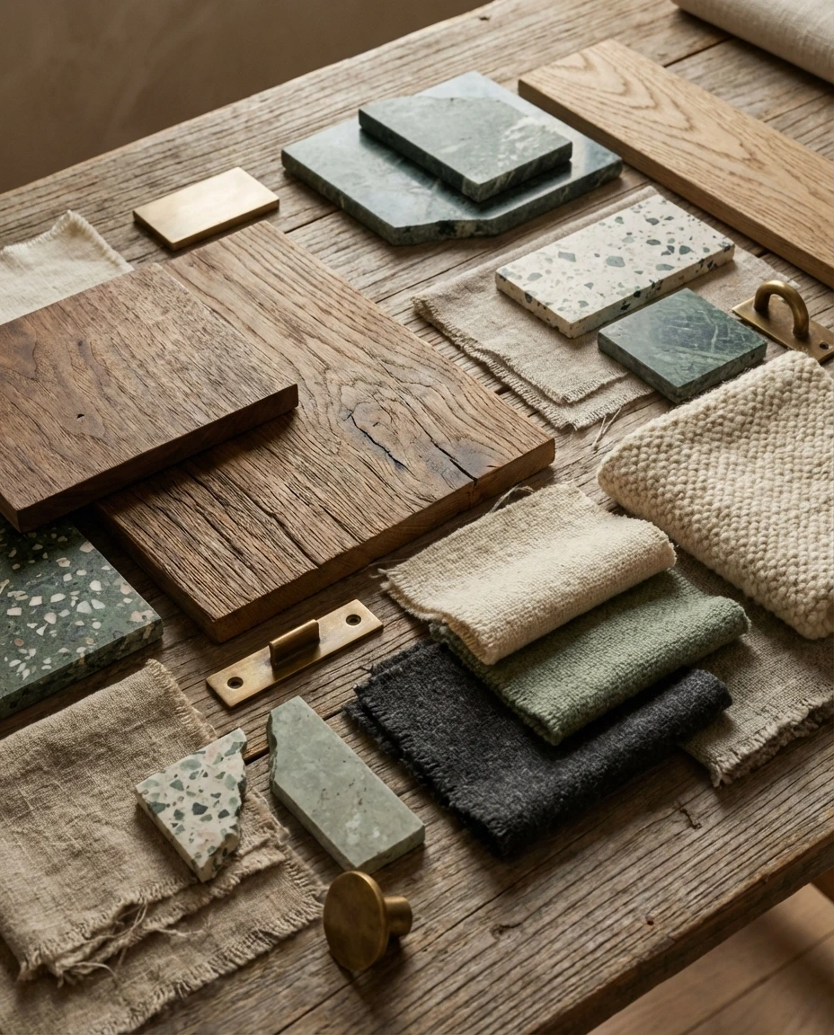 moodboard hout groen stof